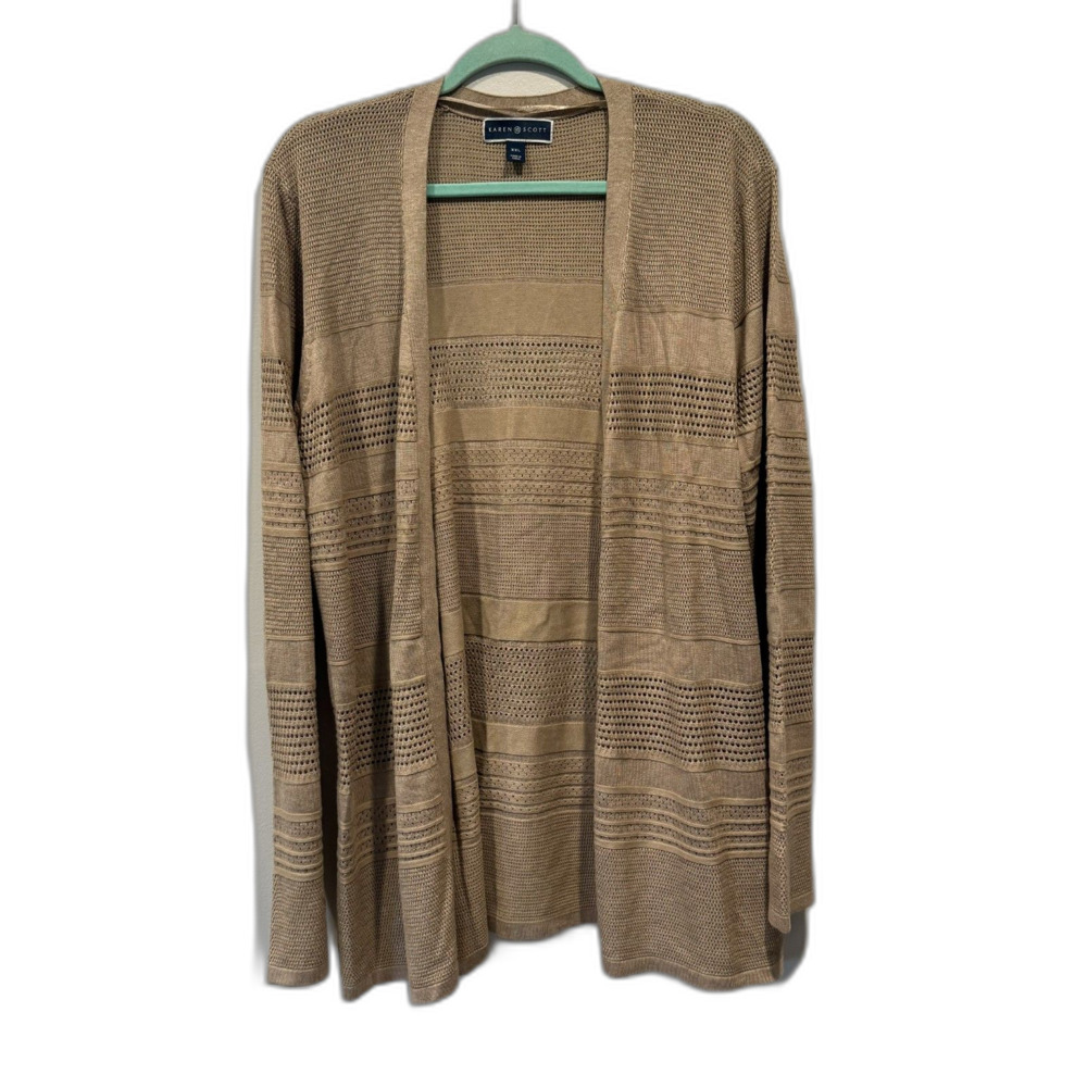 Karen Scott Cardigan Open Front Pointelle Knit Tan Long Sleeve Women XXL Plus
